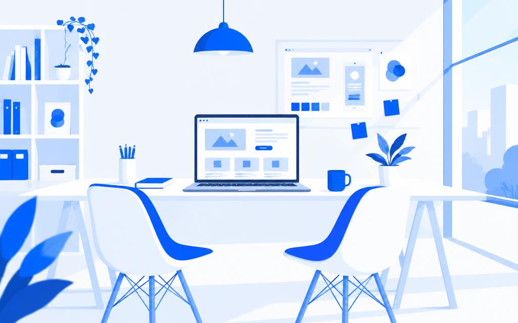 Studio-Arbeitsplatz mit Laptop und Website-Entwürfen